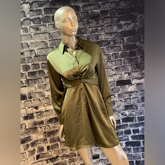 Olive Green Satin Long Sleeve Formal Dress - Picture 6 of 7
